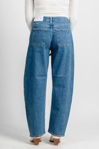 Just USA high rise trouser barrel jeans medium blue | Lush Fashion Lounge: boutique women's jeans, fashion jeans for women, affordable fashion jeans, cute boutique jeans