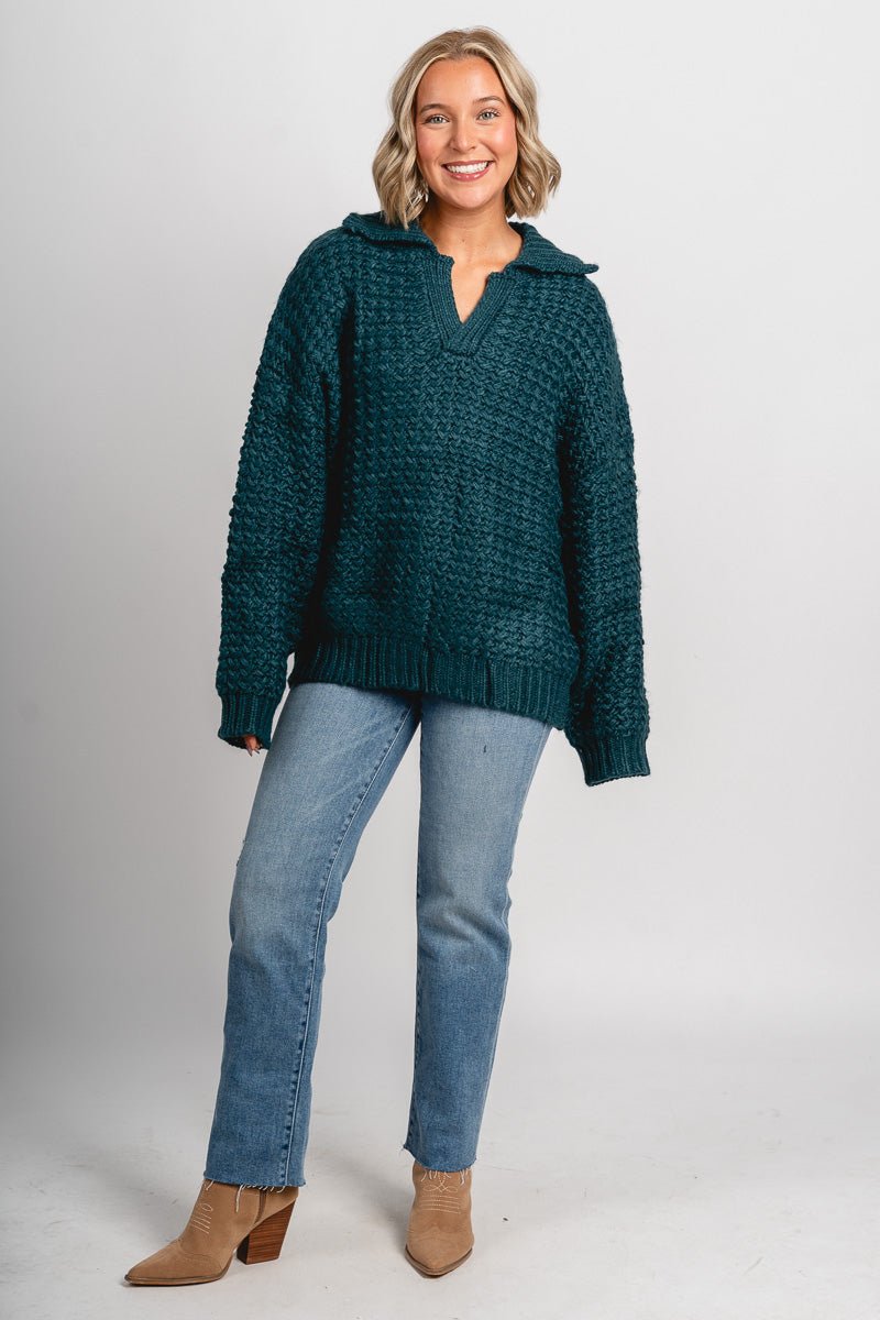 Collared boxy sweater hunter green – Unique Sweaters | Lounging Sweaters and Womens Fashion Sweaters at Lush Fashion Lounge Boutique in Oklahoma City