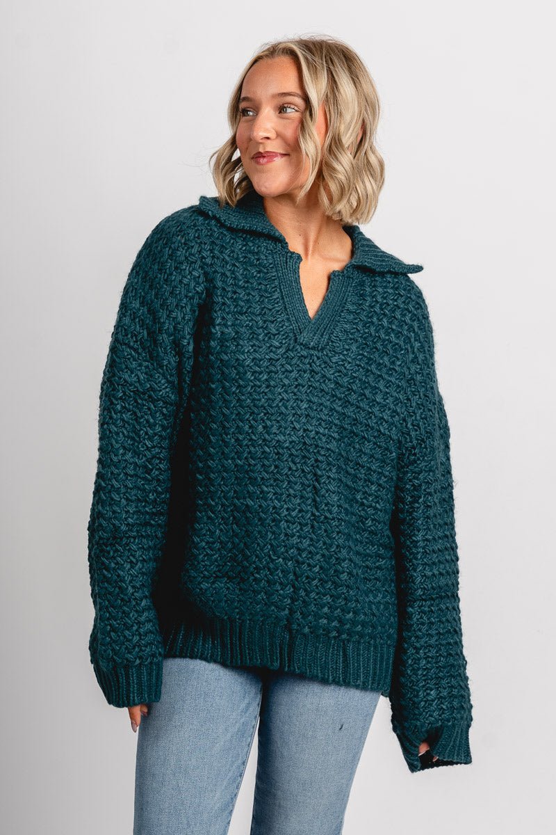 Collared boxy sweater hunter green - Trendy Holiday Apparel at Lush Fashion Lounge Boutique in Oklahoma City