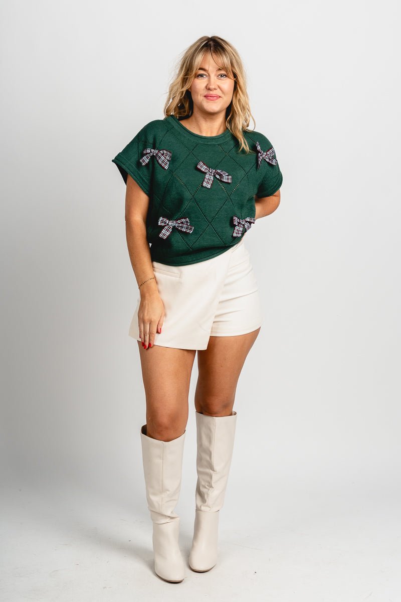 Plaid bow short sleeve sweater green - Trendy Sweaters | Cute Pullover Sweaters at Lush Fashion Lounge Boutique in Oklahoma City