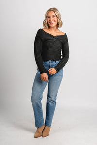 Off shoulder ribbed sweater green - Exclusive Collection of Holiday Inspired T-Shirts and Hoodies at Lush Fashion Lounge Boutique in Oklahoma City