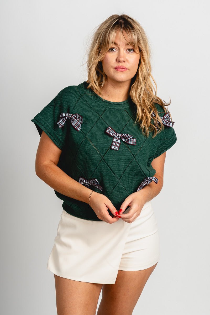 Plaid bow short sleeve sweater green – Boutique Sweaters | Fashionable Sweaters at Lush Fashion Lounge Boutique in Oklahoma City