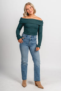 Off shoulder ribbed bodysuit green - Exclusive Collection of Holiday Inspired T-Shirts and Hoodies at Lush Fashion Lounge Boutique in Oklahoma City