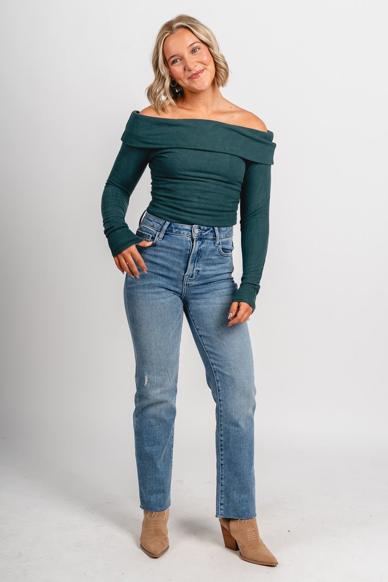 Off shoulder ribbed bodysuit green - Exclusive Collection of Holiday Inspired T-Shirts and Hoodies at Lush Fashion Lounge Boutique in Oklahoma City