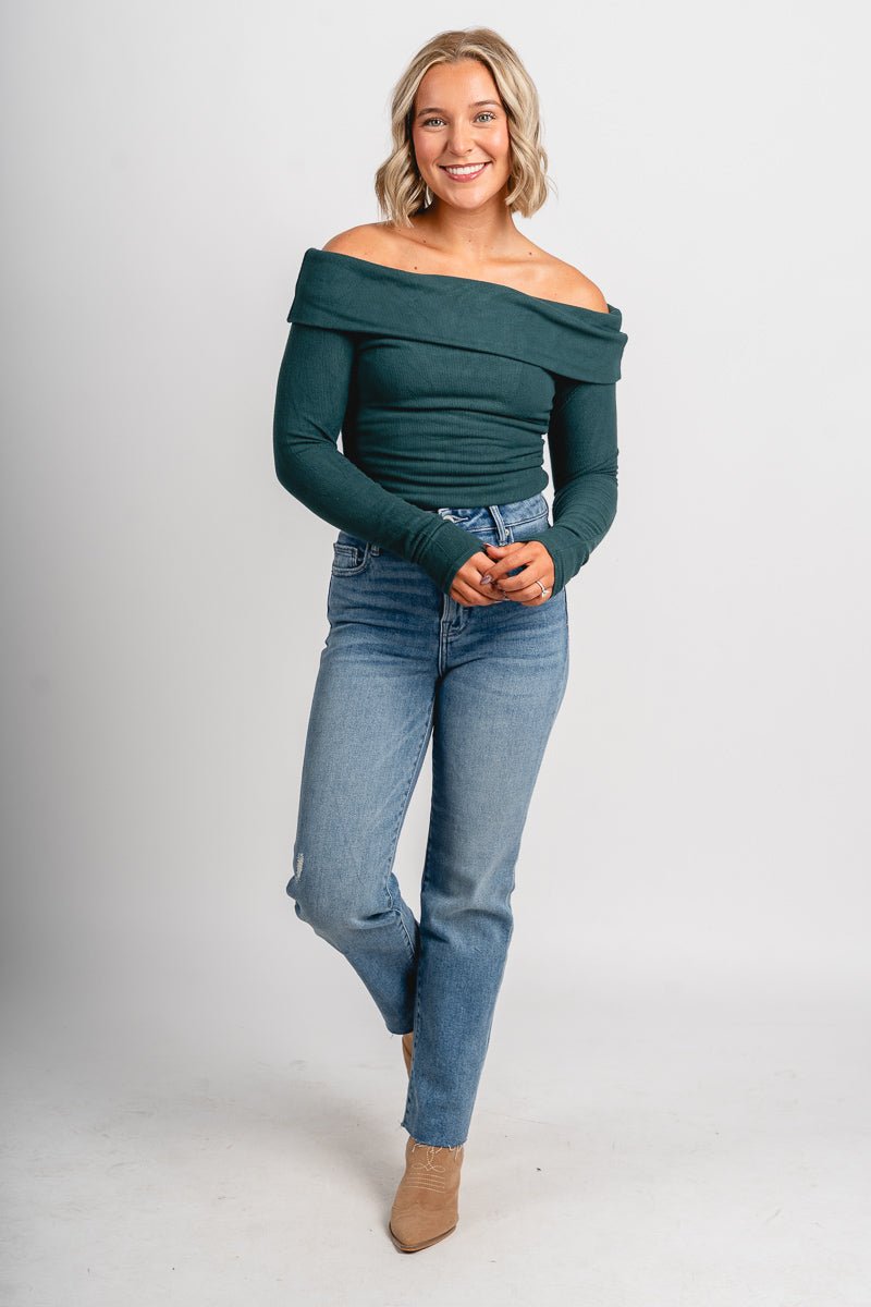 Off shoulder ribbed bodysuit green Stylish Bodysuit - Womens Fashion Bodysuits at Lush Fashion Lounge Boutique in Oklahoma City