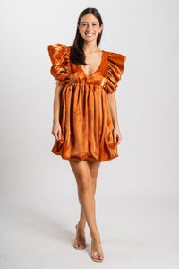 Ruffle babydoll dress shimmer rust - Trendy dress - Fashion Dresses at Lush Fashion Lounge Boutique in Oklahoma City