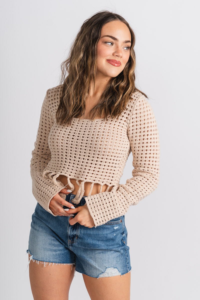 Crochet fringe hem top taupe - Trendy top - Cute Vacation Collection at Lush Fashion Lounge Boutique in Oklahoma City