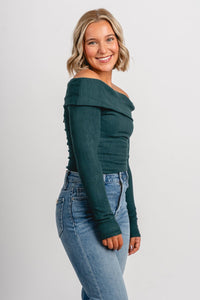 Off shoulder ribbed bodysuit green - Affordable Bodysuit - Boutique Bodysuits at Lush Fashion Lounge Boutique in Oklahoma City