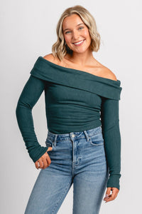 Off shoulder ribbed bodysuit green - Trendy Holiday Apparel at Lush Fashion Lounge Boutique in Oklahoma City