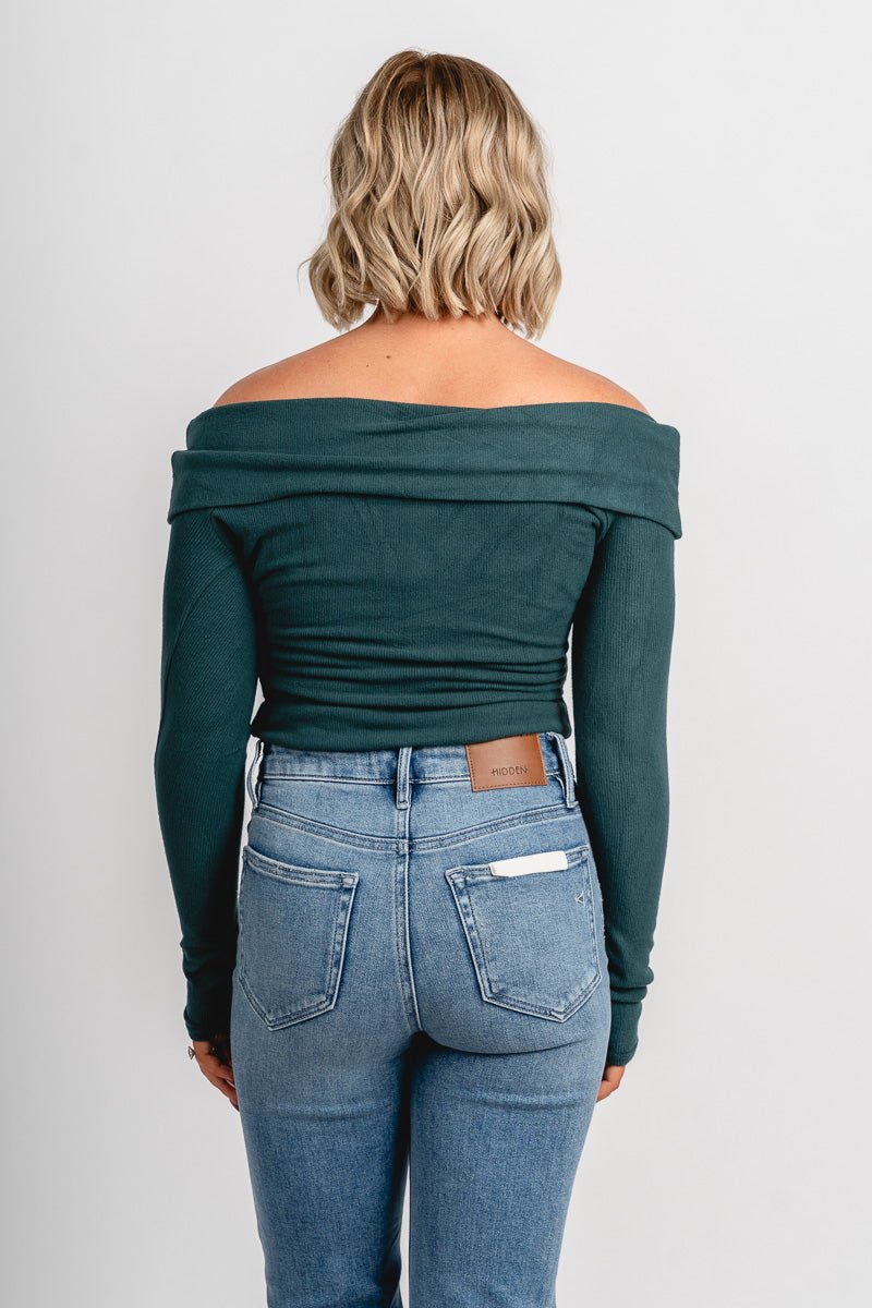 Off shoulder ribbed bodysuit green