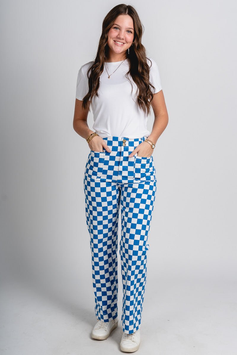 Checkered pants blue - Oklahoma City inspired graphic t-shirts at Lush Fashion Lounge Boutique in Oklahoma City