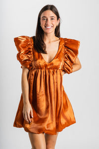 Ruffle babydoll dress shimmer rust - Affordable dress - Boutique Dresses at Lush Fashion Lounge Boutique in Oklahoma City