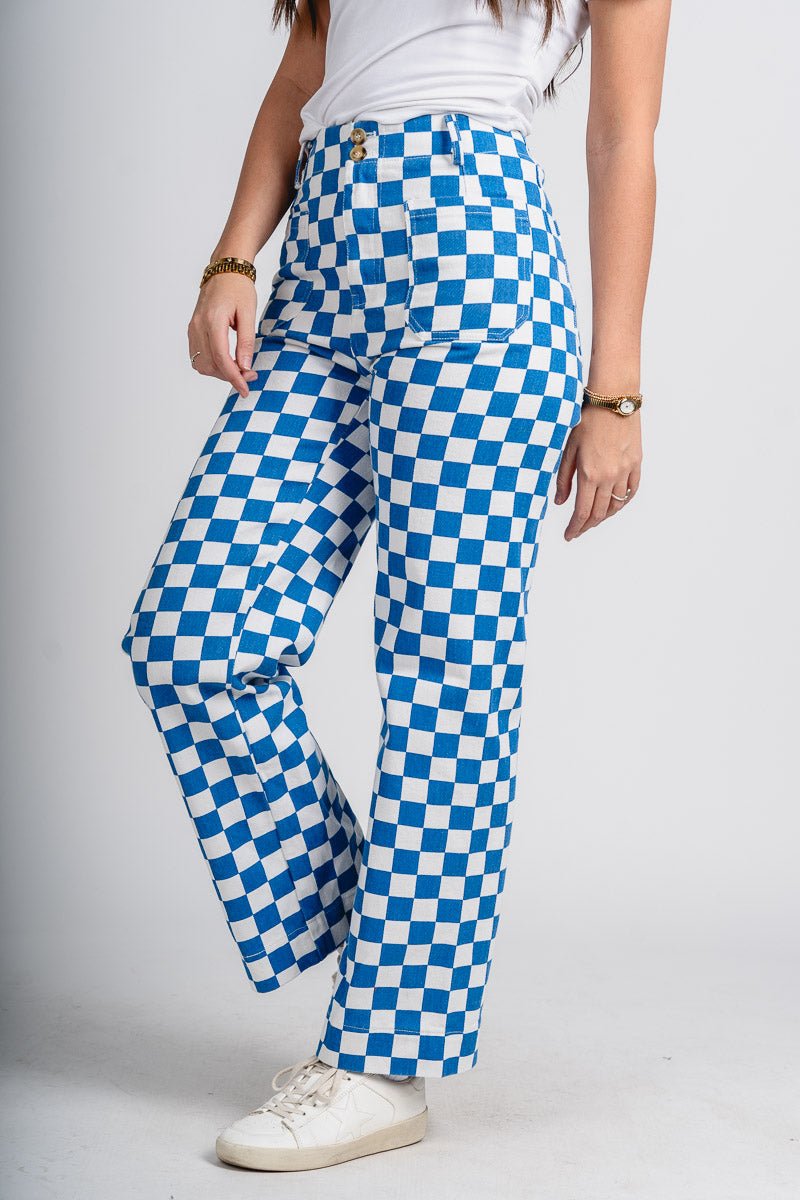 Checkered pants blue - Trendy OKC Apparel at Lush Fashion Lounge Boutique in Oklahoma City