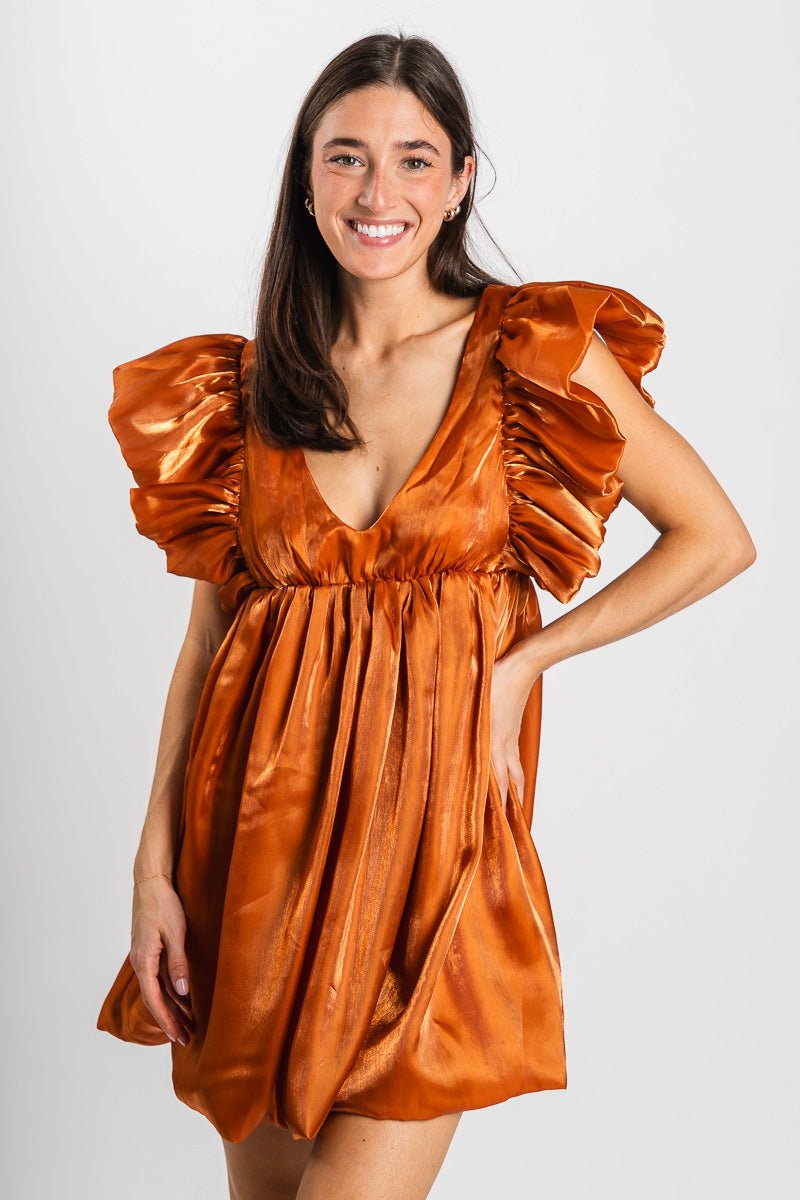 Ruffle babydoll dress shimmer rust - Cute dress - Trendy Dresses at Lush Fashion Lounge Boutique in Oklahoma City