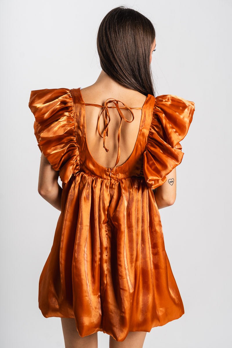 Ruffle babydoll dress shimmer rust