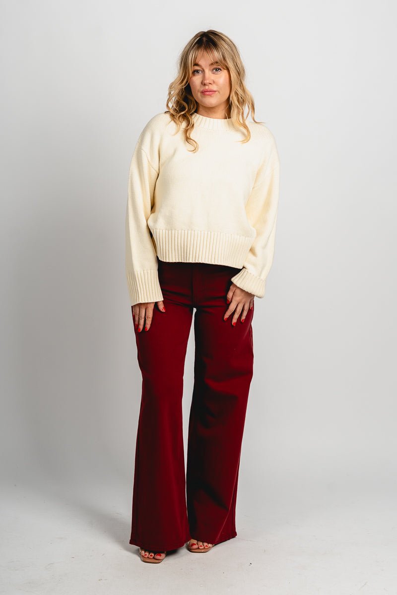 High rise palazzo wide leg jeans dark cherry | Lush Fashion Lounge: boutique women's jeans, fashion jeans for women, affordable fashion jeans, cute boutique jeans