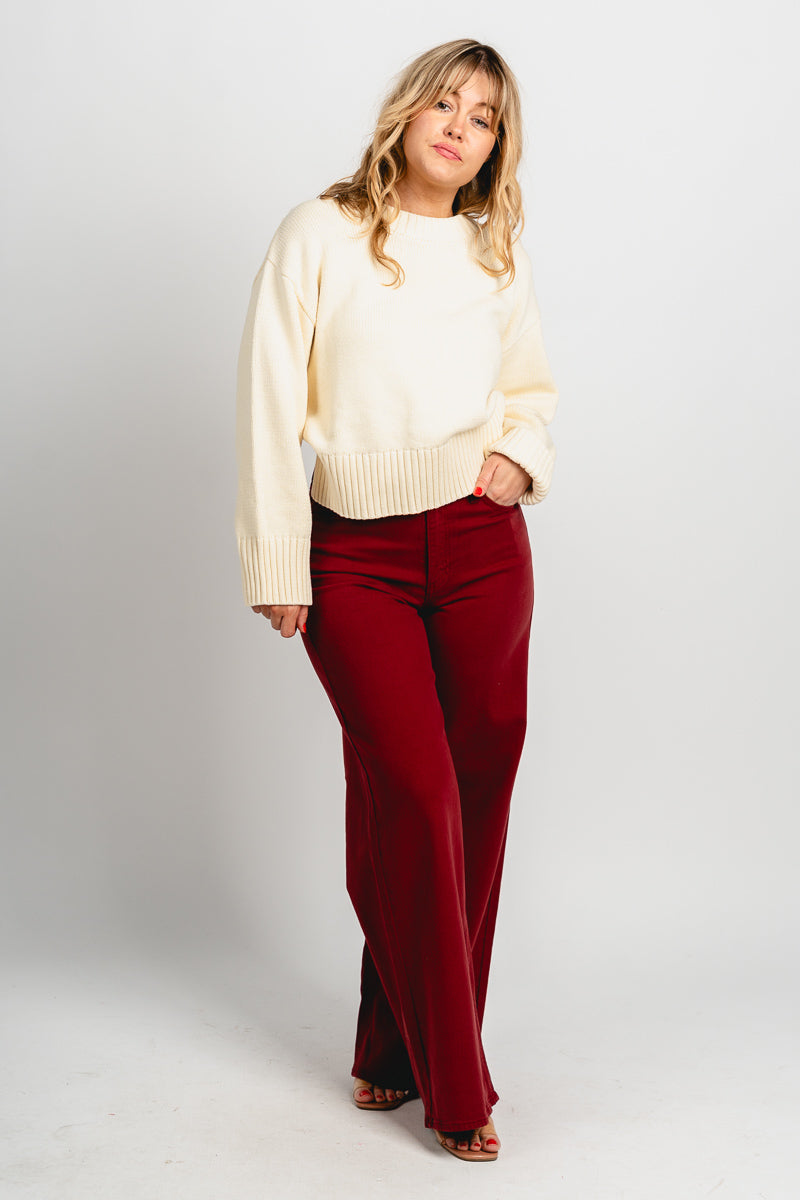 High rise palazzo wide leg jeans dark cherry | Lush Fashion Lounge: boutique women's jeans, fashion jeans for women, affordable fashion jeans, cute boutique jeans