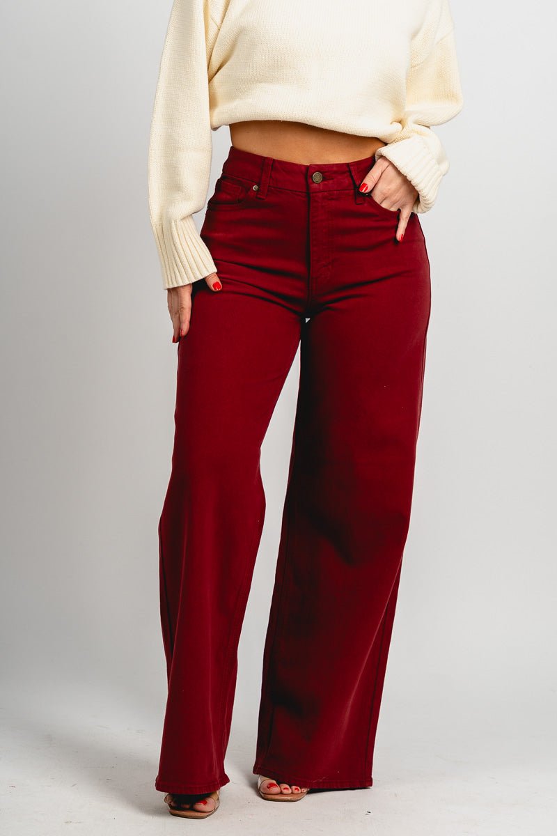 High rise palazzo wide leg jeans dark cherry | Lush Fashion Lounge: boutique women's jeans, fashion jeans for women, affordable fashion jeans, cute boutique jeans