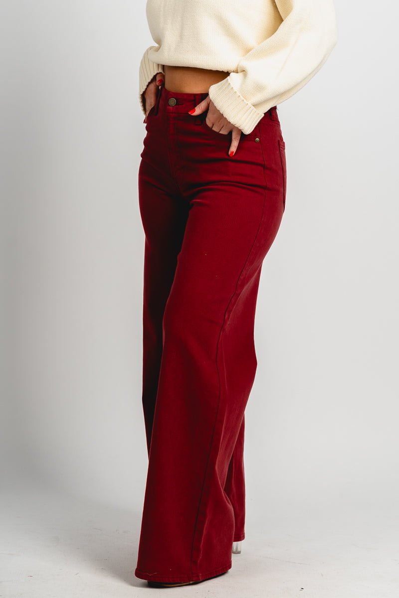 High rise palazzo wide leg jeans dark cherry | Lush Fashion Lounge: boutique women's jeans, fashion jeans for women, affordable fashion jeans, cute boutique jeans