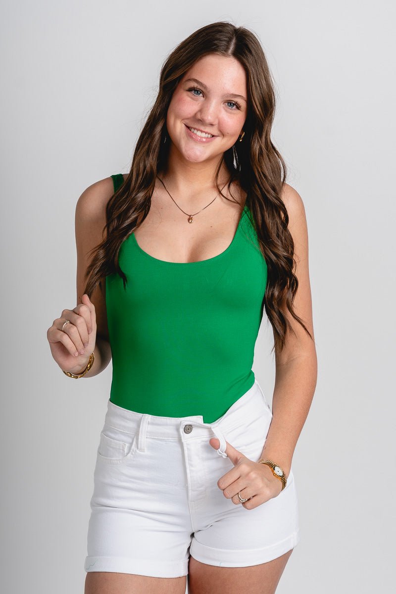 Scoop neck bodysuit kelly green - Trendy T-Shirts for St. Patrick's Day at Lush Fashion Lounge Boutique in Oklahoma City