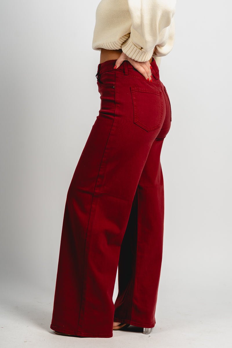 High rise palazzo wide leg jeans dark cherry | Lush Fashion Lounge: boutique women's jeans, fashion jeans for women, affordable fashion jeans, cute boutique jeans