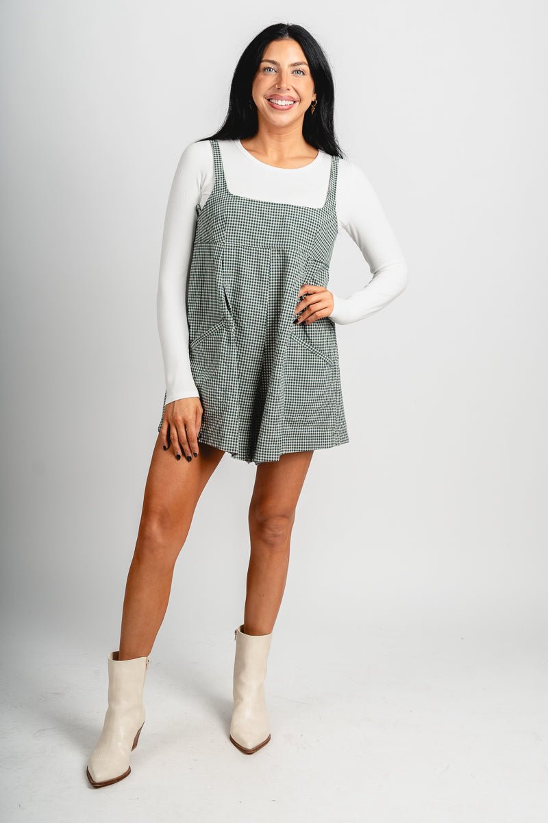 Gingham plaid sleeveless romper hunter green Stylish Romper - Womens Fashion Rompers & Pantsuits at Lush Fashion Lounge Boutique in Oklahoma City