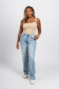 Striped sleeveless bodysuit tan/white - Trendy Bodysuit - Fashion Bodysuits at Lush Fashion Lounge Boutique in Oklahoma City