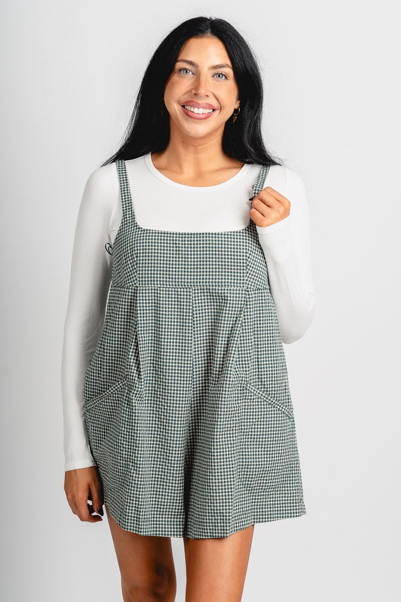 Gingham plaid sleeveless romper hunter green - Cute Romper - Trendy Rompers and Pantsuits at Lush Fashion Lounge Boutique in Oklahoma City