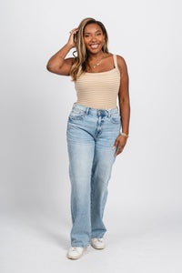 Striped sleeveless bodysuit tan/white Stylish Bodysuit - Womens Fashion Bodysuits at Lush Fashion Lounge Boutique in Oklahoma City