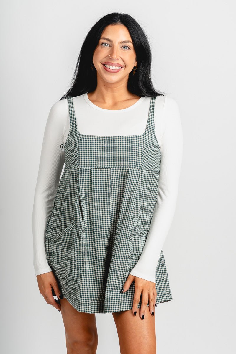 Gingham plaid sleeveless romper hunter green - Affordable Romper - Boutique Rompers & Pantsuits at Lush Fashion Lounge Boutique in Oklahoma City