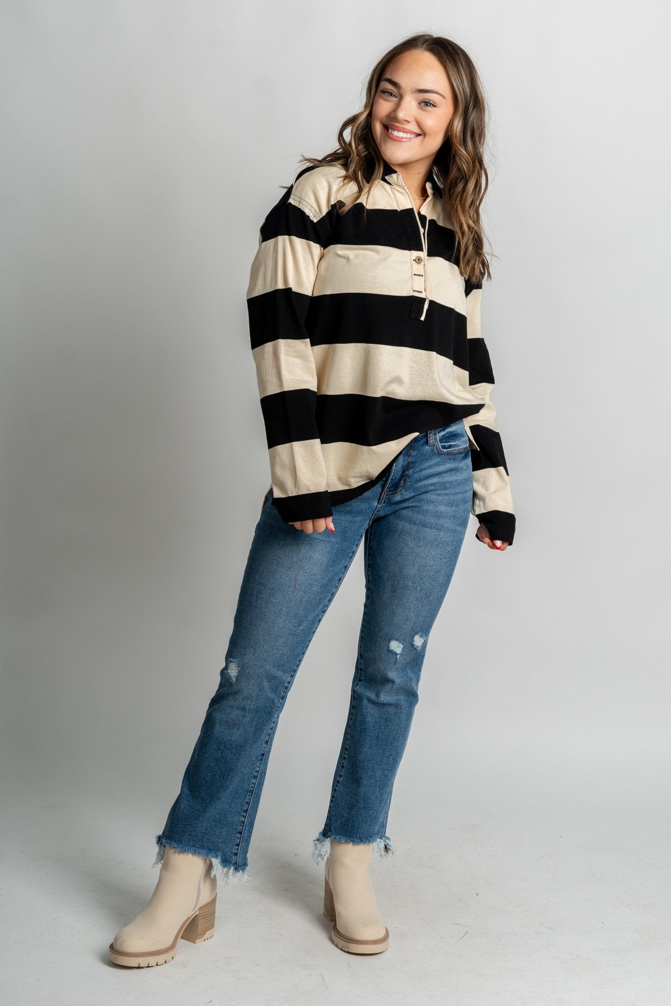 Collared rugby striped long sleeve top cream/black