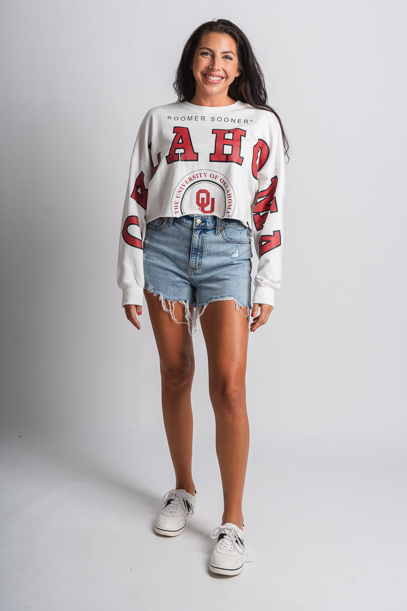 OU OU OKLA Phipps long sleeve crop sweatshirt white sweatshirt | Lush Fashion Lounge Trendy Oklahoma University Sooners Apparel & Cute Gameday T-Shirts