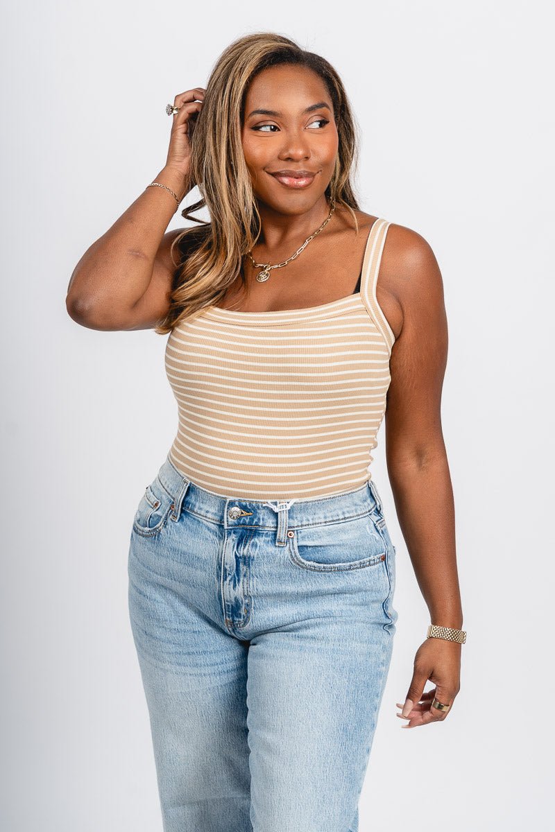 Striped sleeveless bodysuit tan/white - Affordable Bodysuit - Boutique Bodysuits at Lush Fashion Lounge Boutique in Oklahoma City