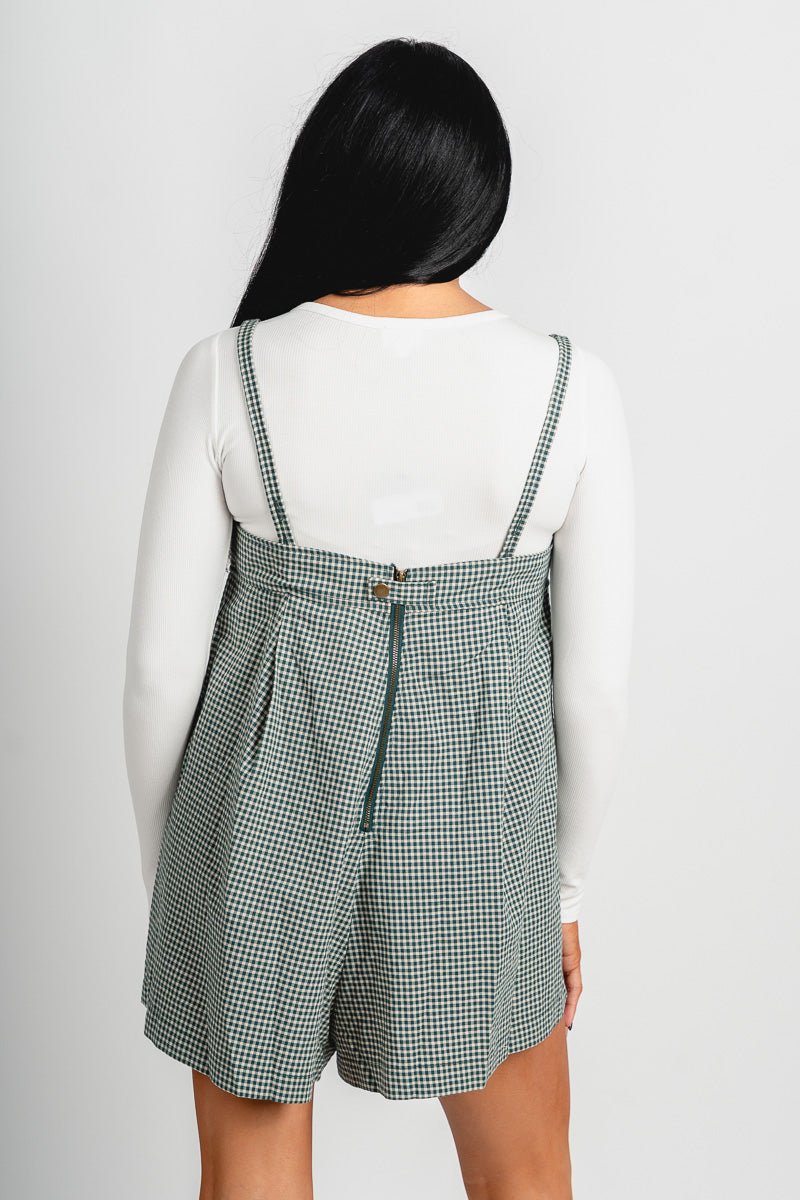 Gingham plaid sleeveless romper hunter green