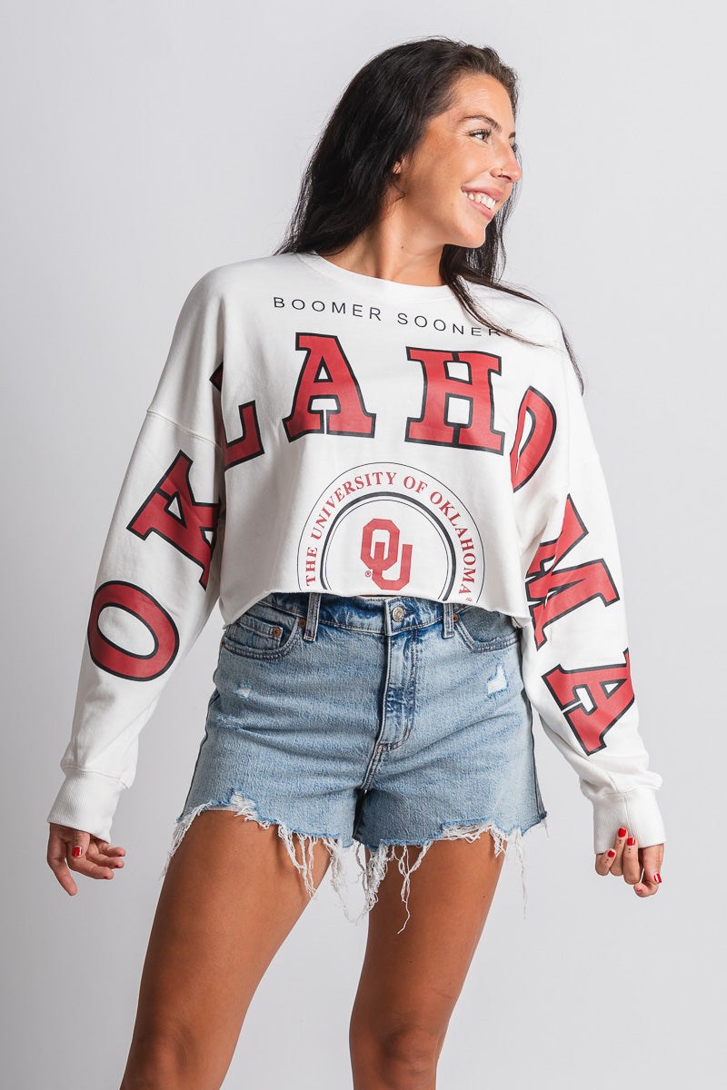 OU OU OKLA Phipps long sleeve crop sweatshirt white sweatshirt | Lush Fashion Lounge Trendy Oklahoma University Sooners Apparel & Cute Gameday T-Shirts