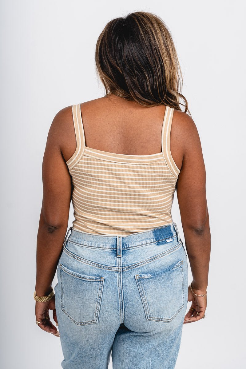 Striped sleeveless bodysuit tan/white