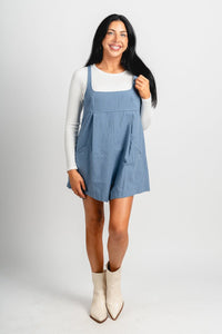 Gingham plaid sleeveless romper denim blue Stylish Romper - Womens Fashion Rompers & Pantsuits at Lush Fashion Lounge Boutique in Oklahoma City