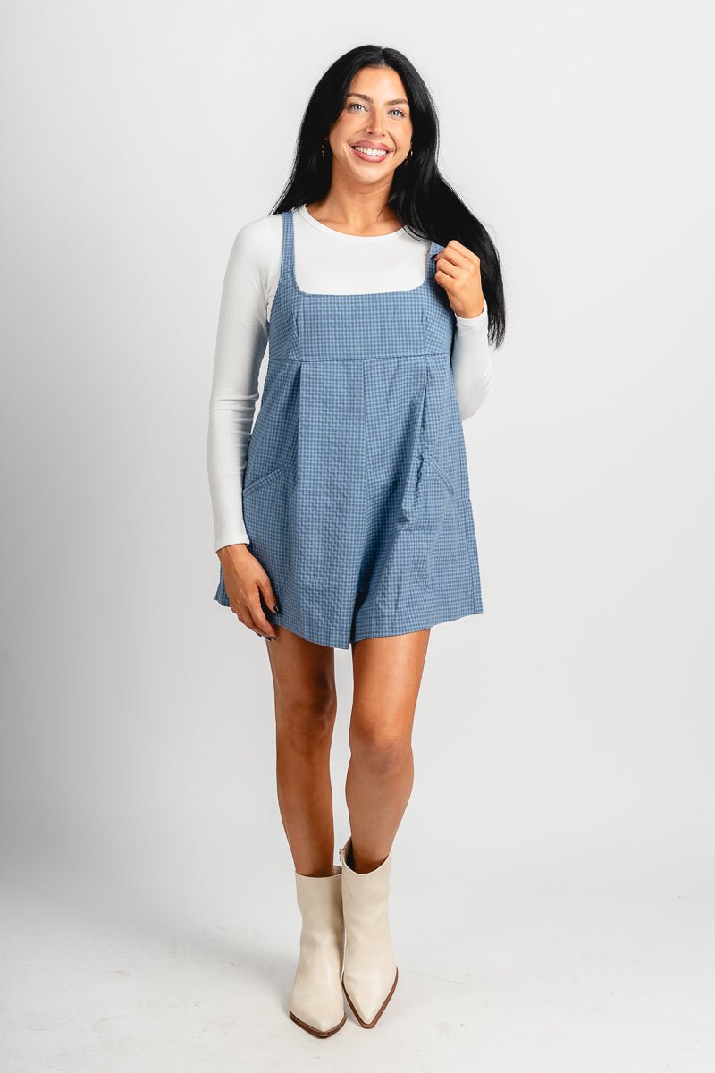 Gingham plaid sleeveless romper denim blue Stylish Romper - Womens Fashion Rompers & Pantsuits at Lush Fashion Lounge Boutique in Oklahoma City