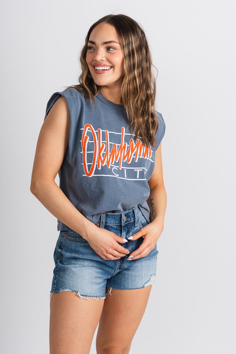 OKC diagonal lines muscle t-shirt light navy - Trendy OKC Apparel at Lush Fashion Lounge Boutique in Oklahoma City