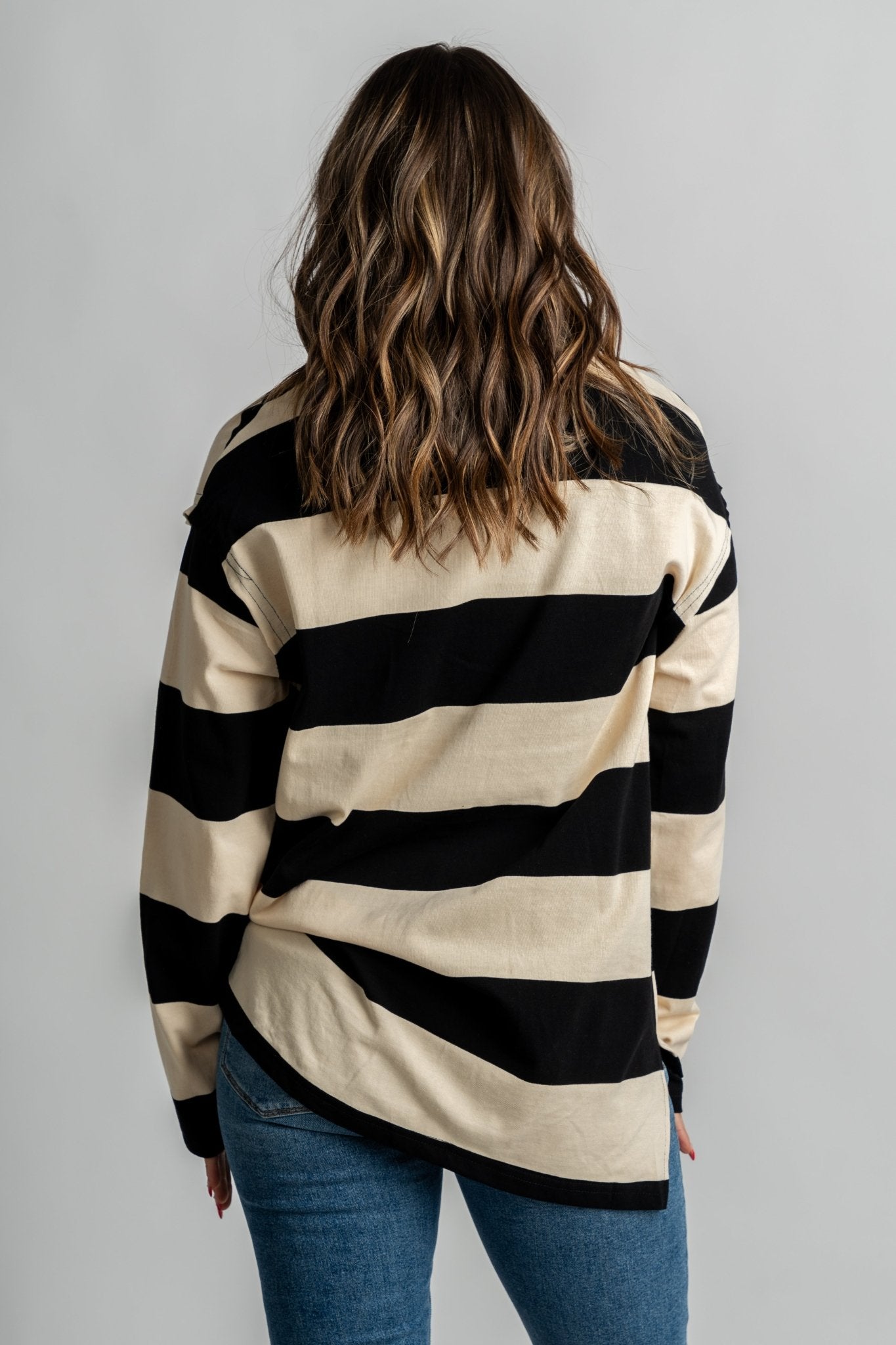 Collared rugby striped long sleeve top cream/black