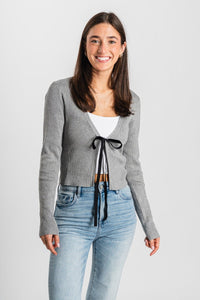 Ribbed tie cardigan heather grey - Cute Cardigan - Trendy Cardigans & Stylish Kimonos at Lush Fashion Lounge Boutique in Oklahoma City