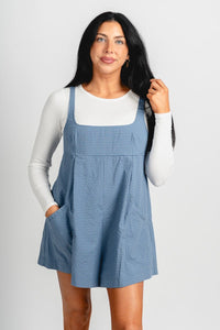 Gingham plaid sleeveless romper denim blue - Affordable Romper - Boutique Rompers & Pantsuits at Lush Fashion Lounge Boutique in Oklahoma City