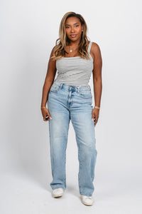 Striped sleeveless bodysuit grey/white Stylish Bodysuit - Womens Fashion Bodysuits at Lush Fashion Lounge Boutique in Oklahoma City