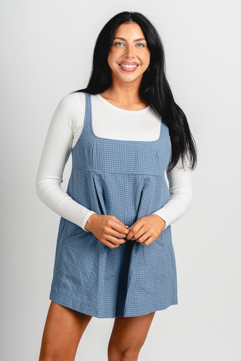 Gingham plaid sleeveless romper denim blue - Cute Romper - Trendy Rompers and Pantsuits at Lush Fashion Lounge Boutique in Oklahoma City