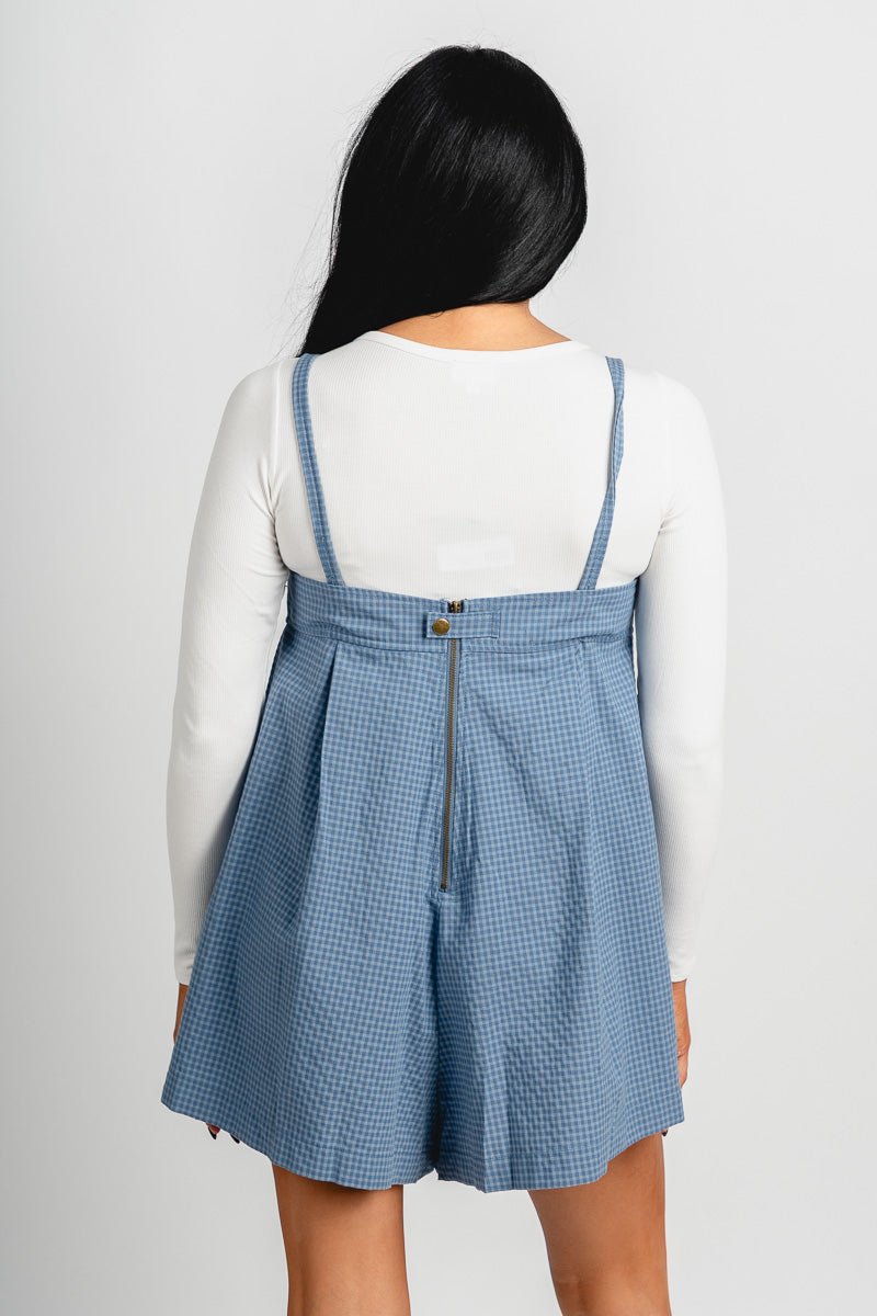 Gingham plaid sleeveless romper denim blue