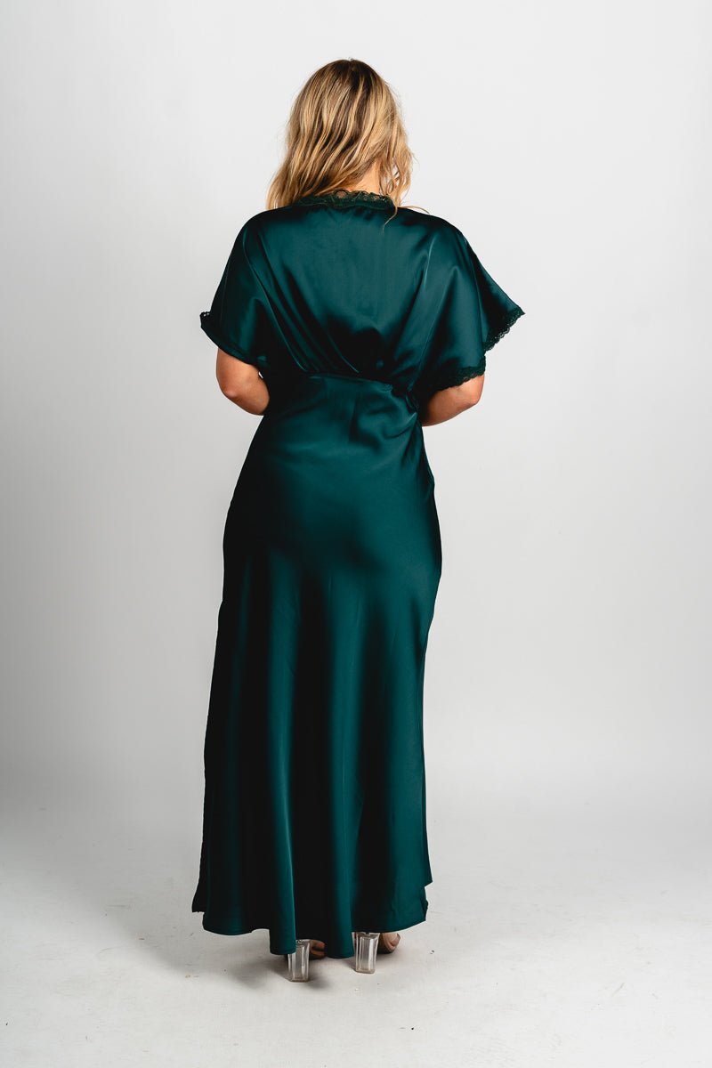 Satin lace maxi dress deep emerald - Affordable dress - Boutique Dresses at Lush Fashion Lounge Boutique in Oklahoma City