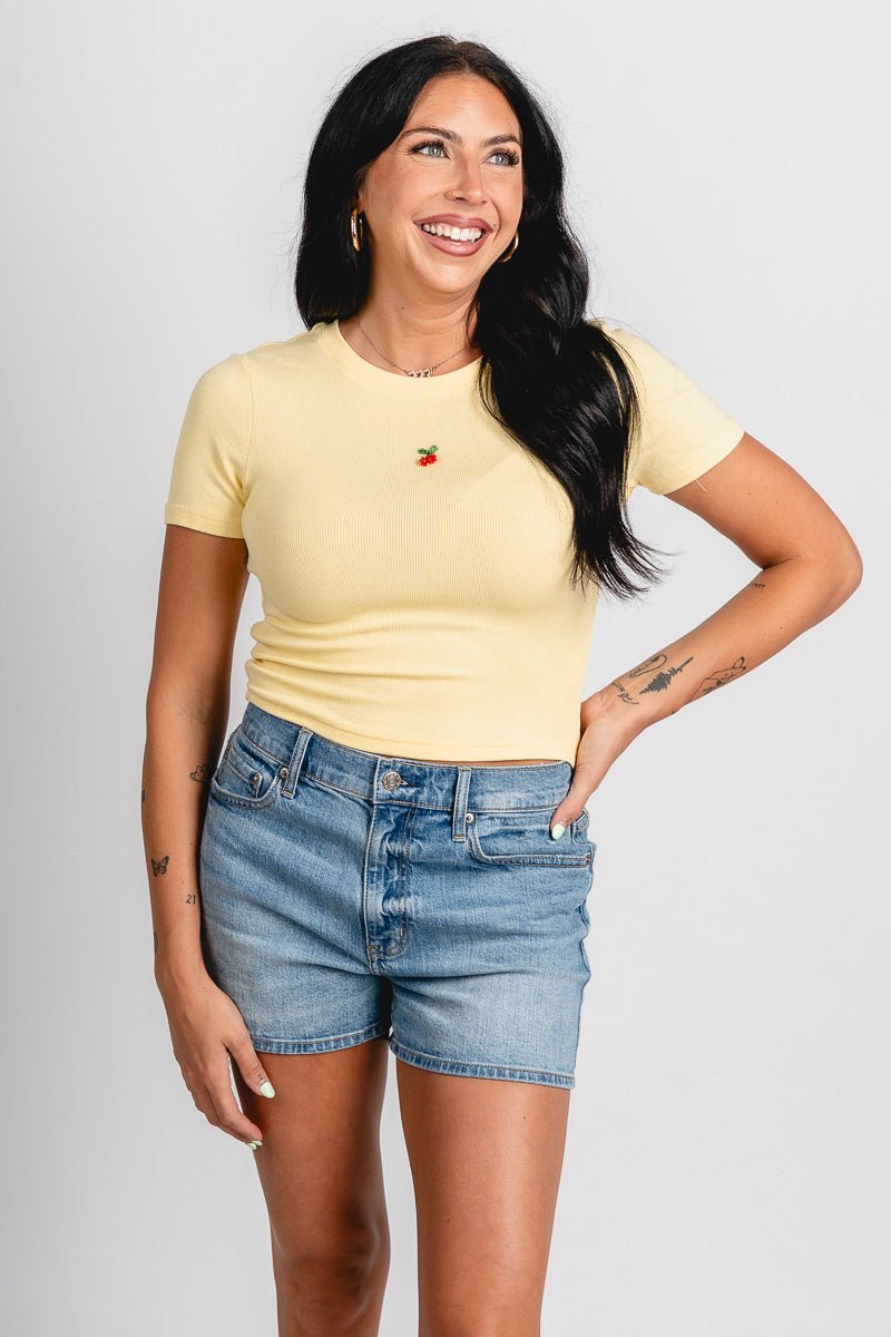 Cherry applique baby tee yellow