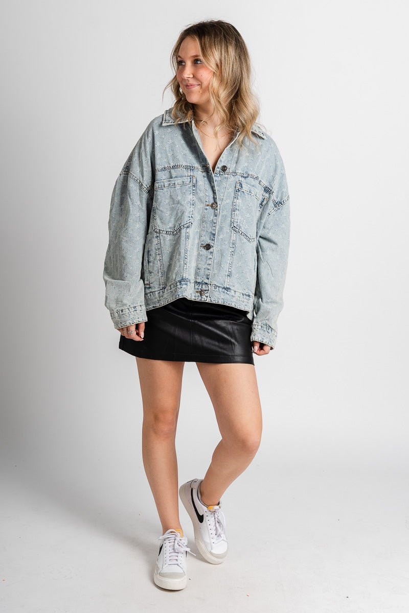 Distressed denim jacket light blue – Unique Blazers | Cute Blazers For Women at Lush Fashion Lounge Boutique in Oklahoma City