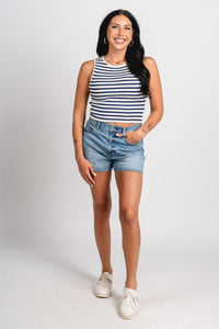 Striped ribbed tank top white/navy - Trendy Tank Top - Fashion Tank Tops at Lush Fashion Lounge Boutique in Oklahoma City