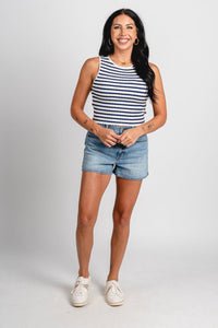 Striped ribbed tank top white/navy Stylish Tank Top - Womens Fashion Tank Tops at Lush Fashion Lounge Boutique in Oklahoma City